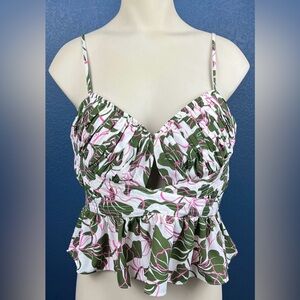 Parker Tank Top White Green & Pink Leaf Floral Ruffled Sleeveless VNeck